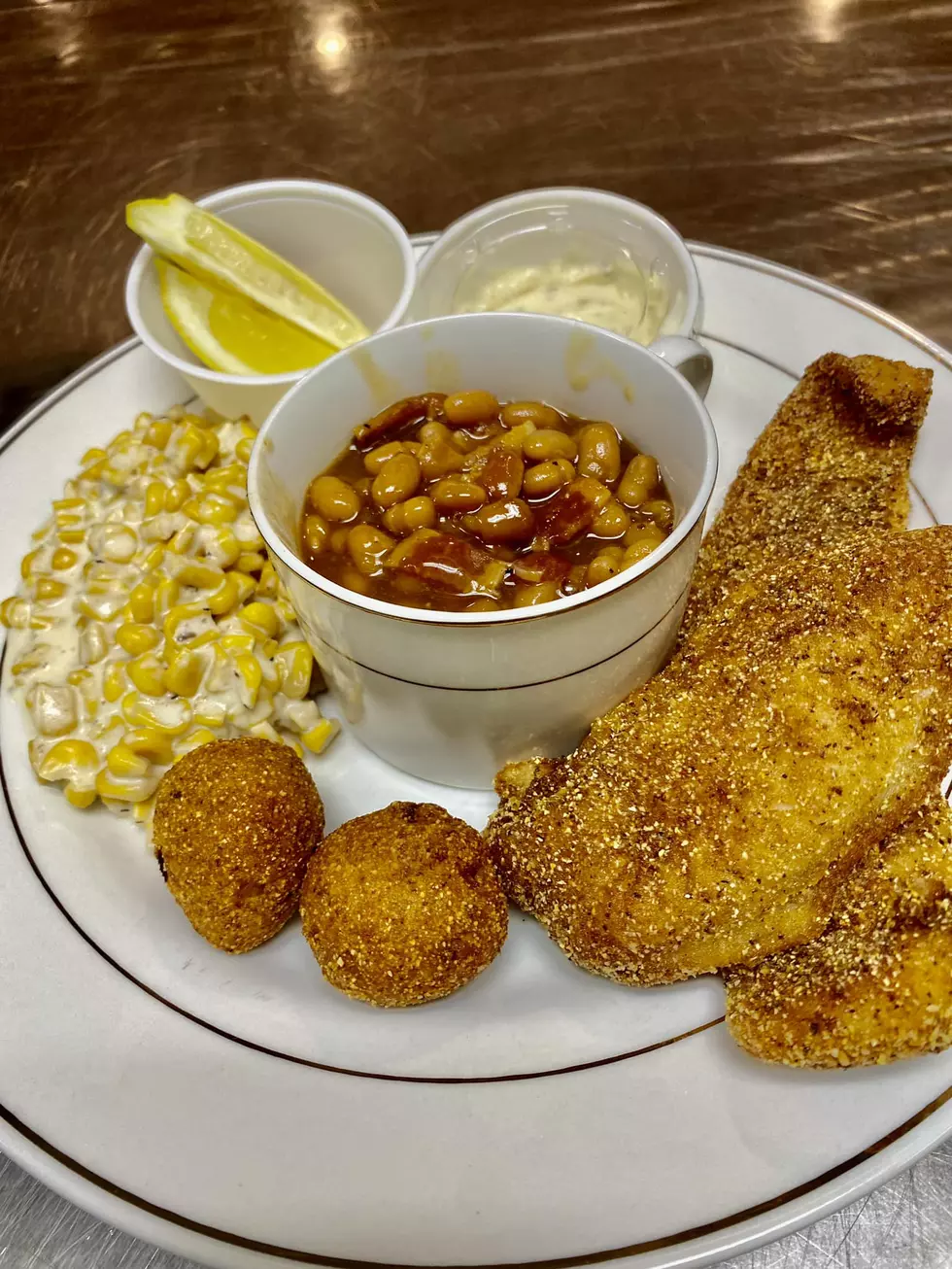 Home 8 Fried catfish with cream cheese corn at Pine Bough Café